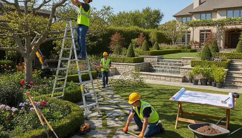 Landscape design team planning outdoor spaces in Royal Oak, MI for a tree service project