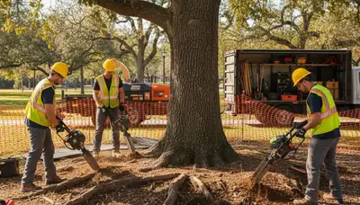 Royal Oak, MI tree service crew providing root protection for healthy, stable trees