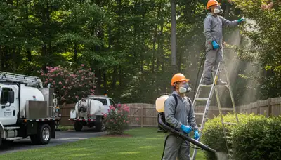 Tree service technician providing tick control treatment in Royal Oak, MI yard