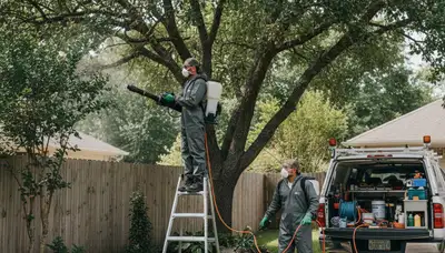 Tick control technician treating a Royal Oak, MI yard to reduce ticks near wooded property edges