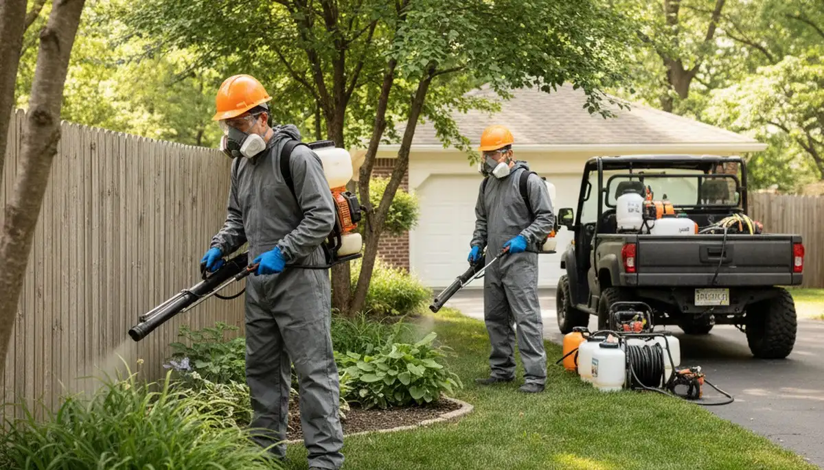 Tree service crew providing tick control treatment in Royal Oak, MI yard and wooded edge