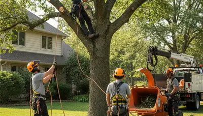 Tree removal crew safely removing a hazardous tree in Royal Oak, MI