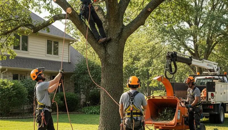 Tree removal crew safely removing a hazardous tree in Royal Oak, MI