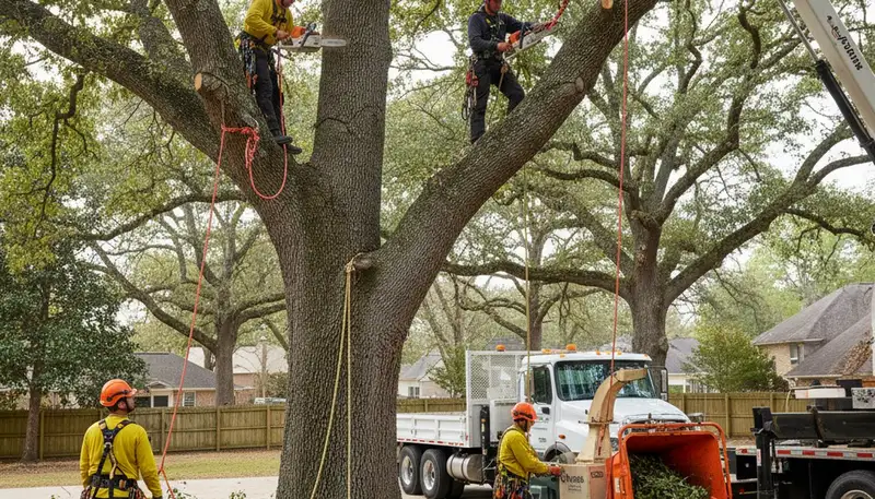 Tree removal crew safely removing a hazardous tree in Royal Oak, MI