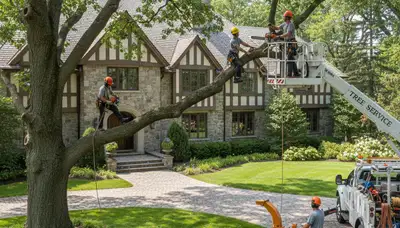 Tree service crew in Royal Oak, MI trimming and removing trees for a residential property