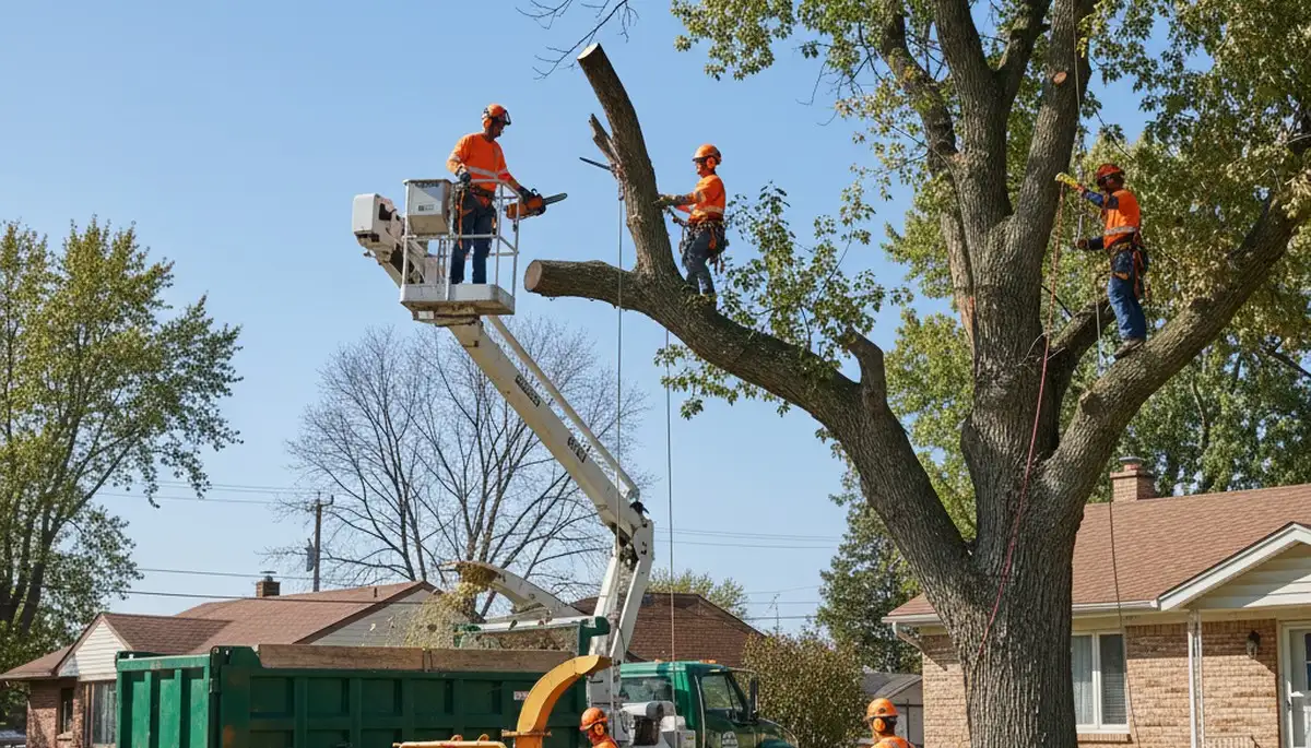 Tree service crew in Royal Oak, MI removing a tree for safe residential property care