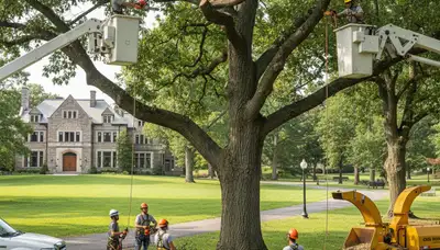 Tree service crew in Royal Oak, MI performing professional tree trimming and removal on residential property