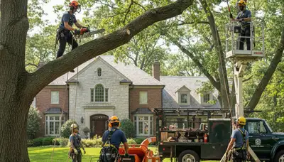 Tree service crew in Royal Oak, MI performing professional tree care for a local home
