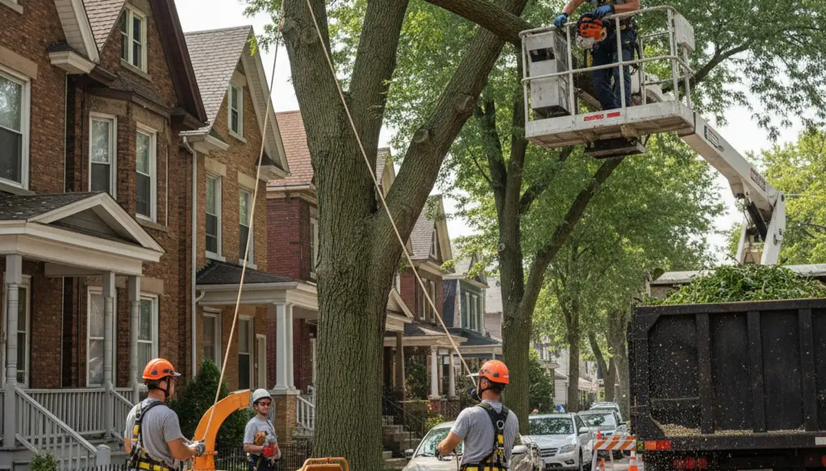 Tree service crew in Royal Oak, MI handling professional tree trimming and removal equipment