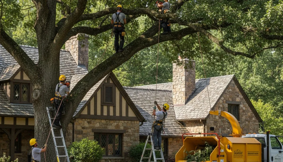Tree service crew in Royal Oak, MI trimming and removing trees for residential property safety