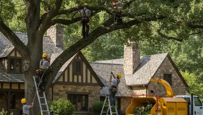Tree service crew in Royal Oak, MI trimming and removing trees for residential property safety