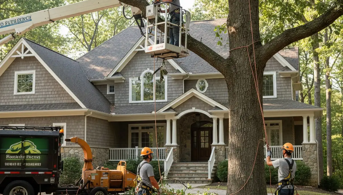 Tree service crew in Royal Oak, MI performing professional tree trimming and removal with equipment