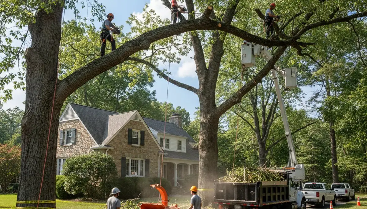 Tree service crew in Royal Oak, MI trimming and removing trees for a commercial property