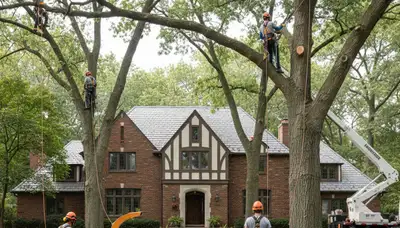 Tree service crew in Royal Oak, MI trimming and removing trees for residential property care
