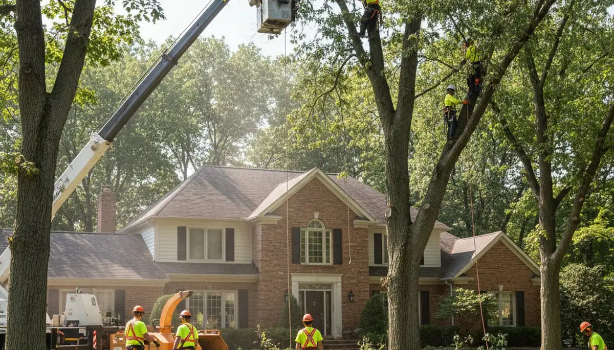 Tree service crew in Royal Oak, MI trimming and removing trees for residential property safety