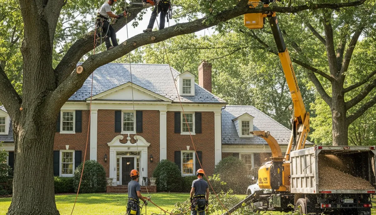 Tree service crew at work in Royal Oak, MI, trimming trees for a local property