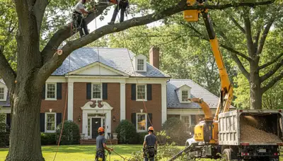 Tree service crew at work in Royal Oak, MI, trimming trees for a local property