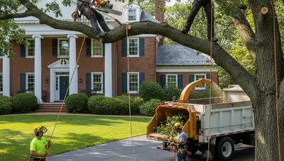 Tree service crew in Royal Oak, MI trimming and removing a tree near a home