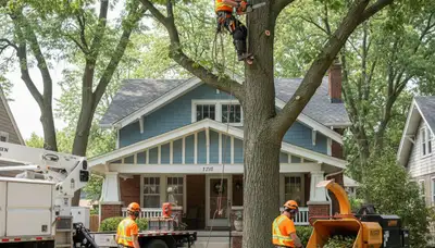 Tree service crew in Royal Oak, MI performing professional tree trimming and removal on a property
