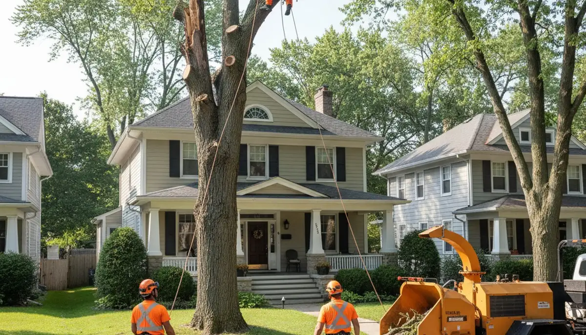 Tree service crew trimming trees in Royal Oak, MI for residential property care